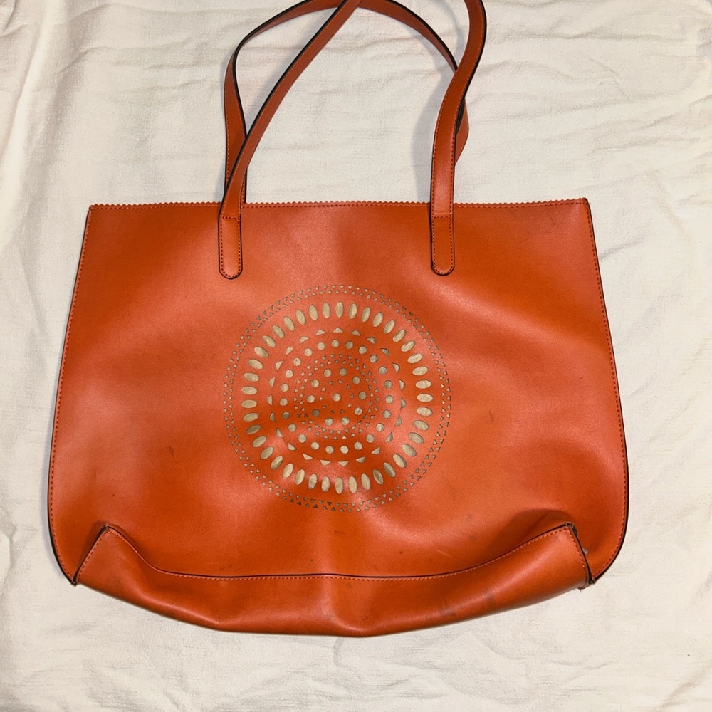 Orange Leather Tote Bag